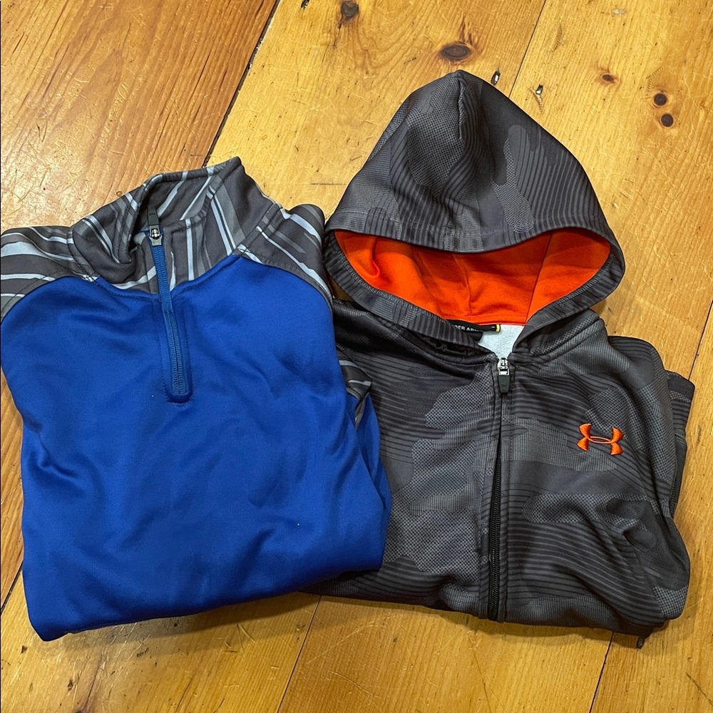2PC Under Armour Hoodie Camo Full Zip Jacket Gray Orange In Hood Size 7